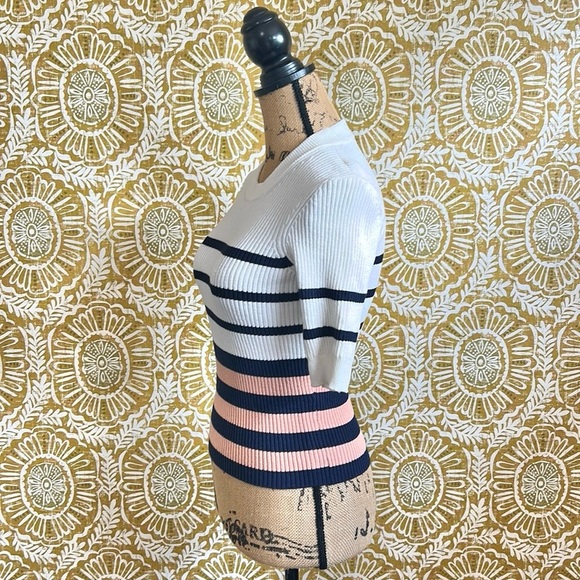 FRAME Denim Shrunken Rib Crew Short Sleeve Sweater in Pink Clay Multi size XS - Picture 6 of 12
